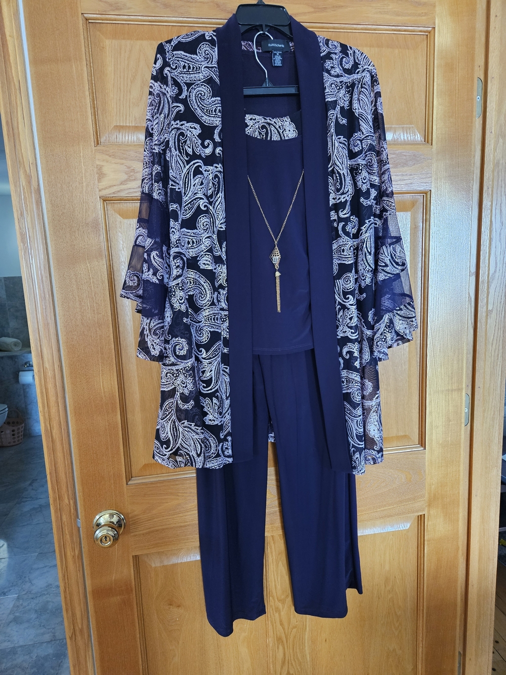 R&M Richards Eggplant Paisley Wide-Leg Jumpsuit Set